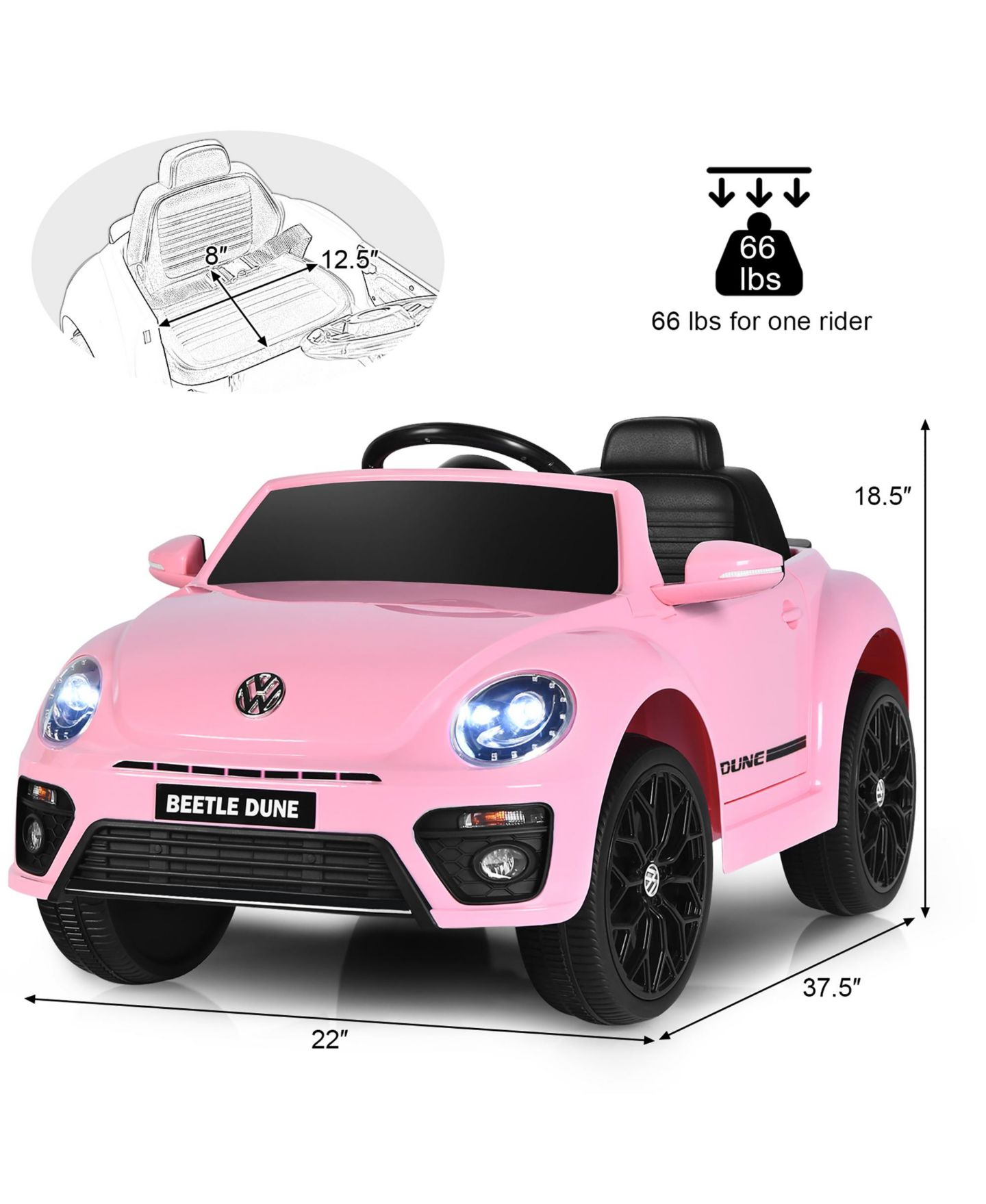 Детская игрушка Costway Beetle 12V Licensed Volkswagen Remote Control Ride-On Car, 66 lb. Capacity, 3–8 лет, цвет: Розовый — фото 6