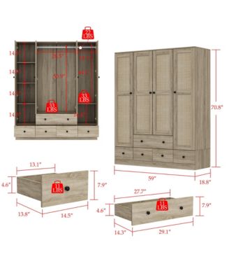 1 PC Wood Grain Rattan Doors Design Wardrobe with 5-Drawers Armoires