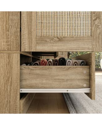 1 PC Wood Grain Rattan Doors Design Wardrobe with 5-Drawers Armoires