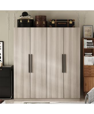 Grey Wood 4-Door Wardrobe Armoires with Hanging Rod and Storage Shelves