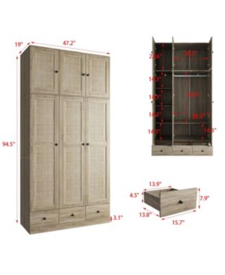 Brown Rattan Doors Wardrobe with 3-Drawers,Hanging Rod,Top Cabinet