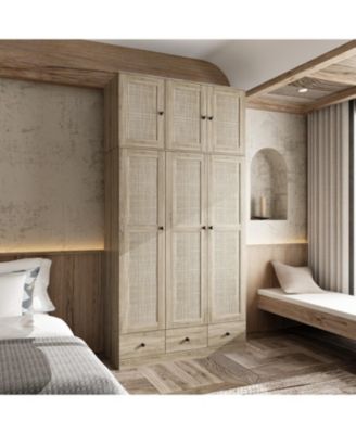 Brown Rattan Doors Wardrobe with 3-Drawers,Hanging Rod,Top Cabinet