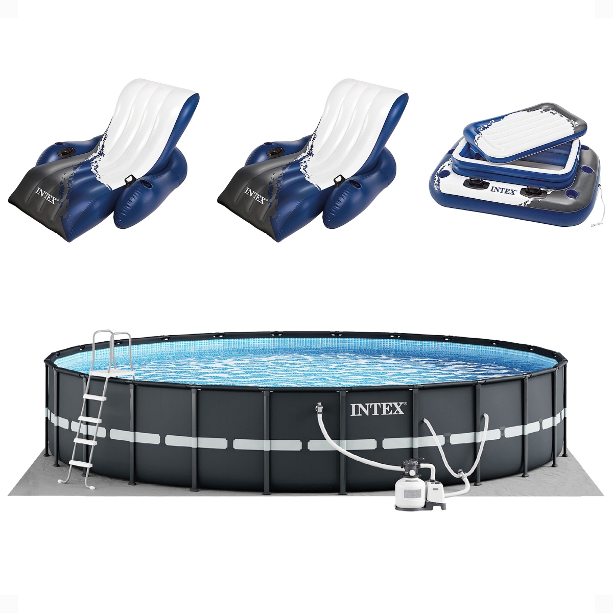 24' x 52&#x22; Ultra Xtr Frame Pool, 2 Floating Loungers and Mega Chill Cooler - Grey