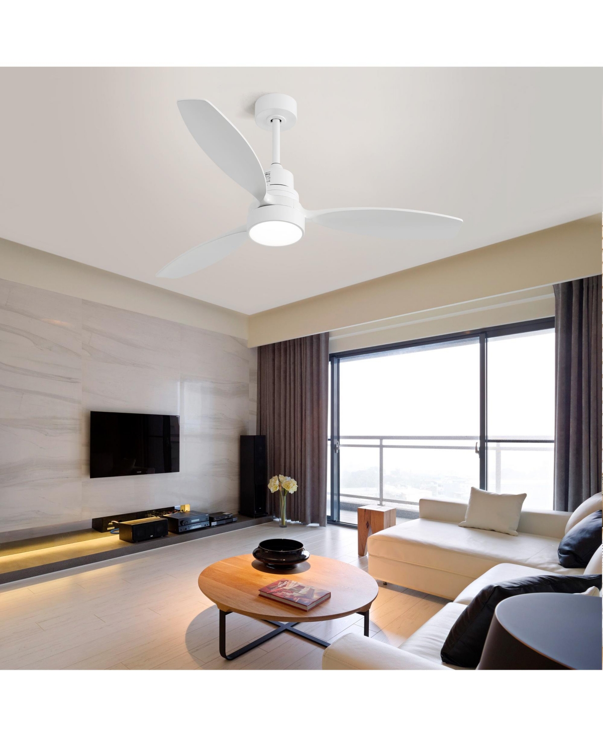 Slickblue 52-InchWooden Ceiling Fan with 3 Solid Wood Blades, Remote Control, Reversible Dc Motor & Led Light - White