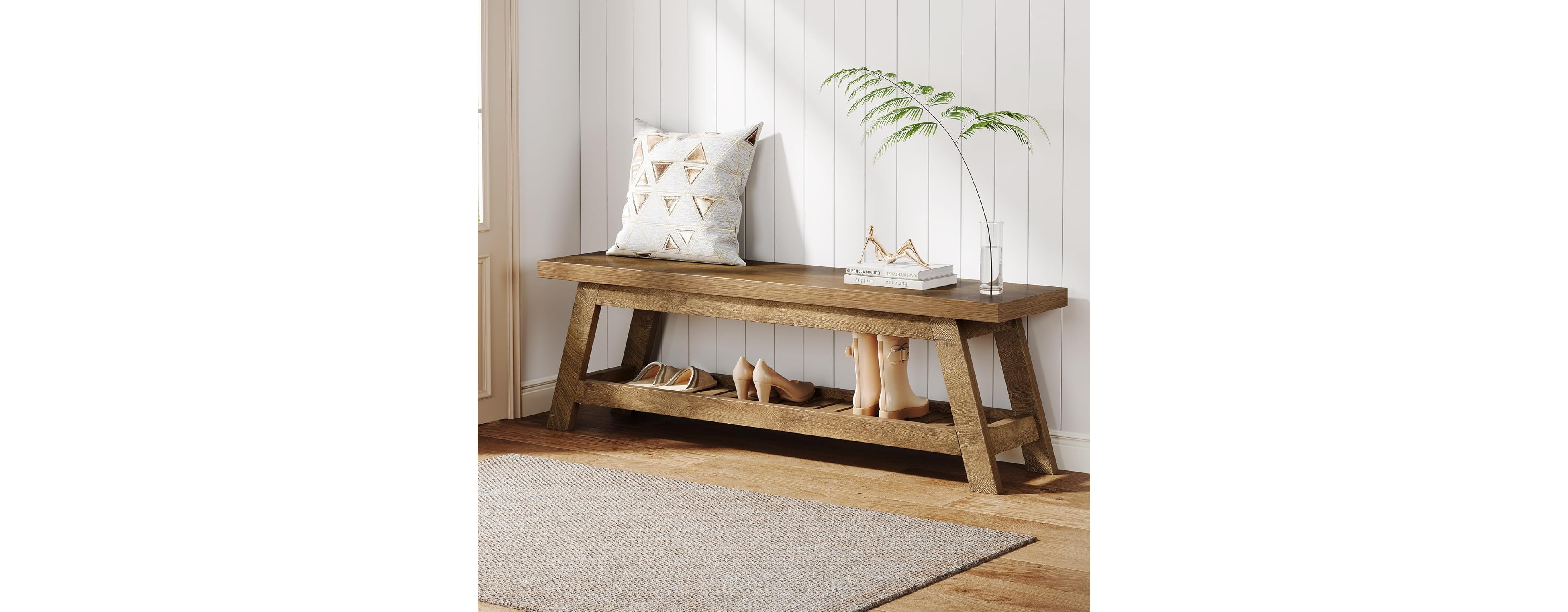 Tribesigns Long Bench, 47.24-Inch Entryway Bench with Elegant Wave Design, Dining Room Bench for Kitchen, Industrial Wood Bench End of Bed Bench, Shoe