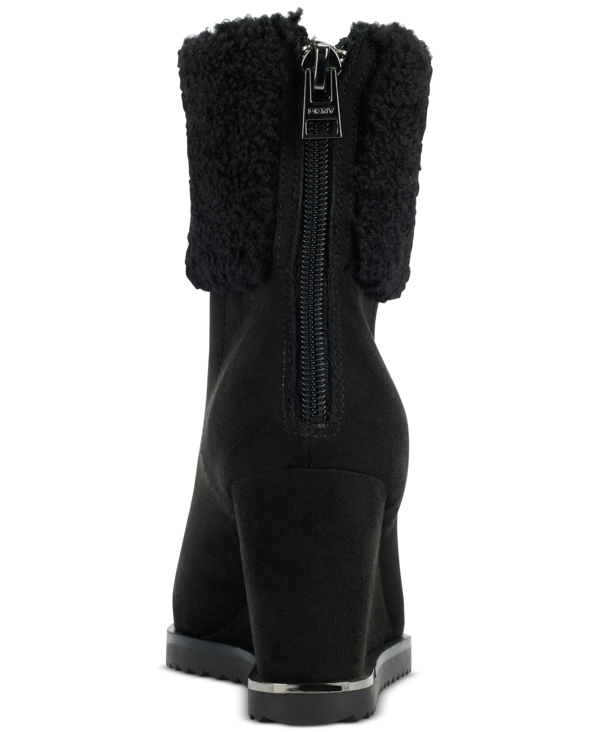 Dkny Powell Faux Shearling Wedge Bootie In Black Suede