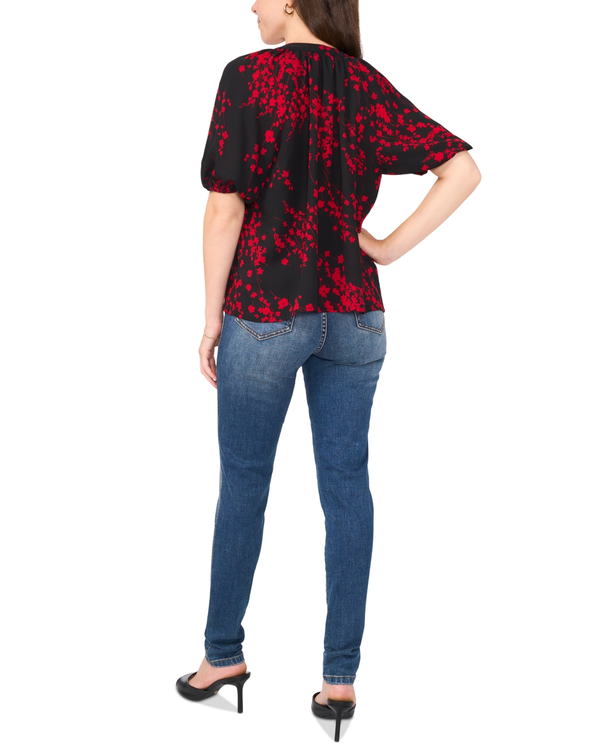 Sam & Jess Petite Puff-Sleeve V-Neck Blouse -Red