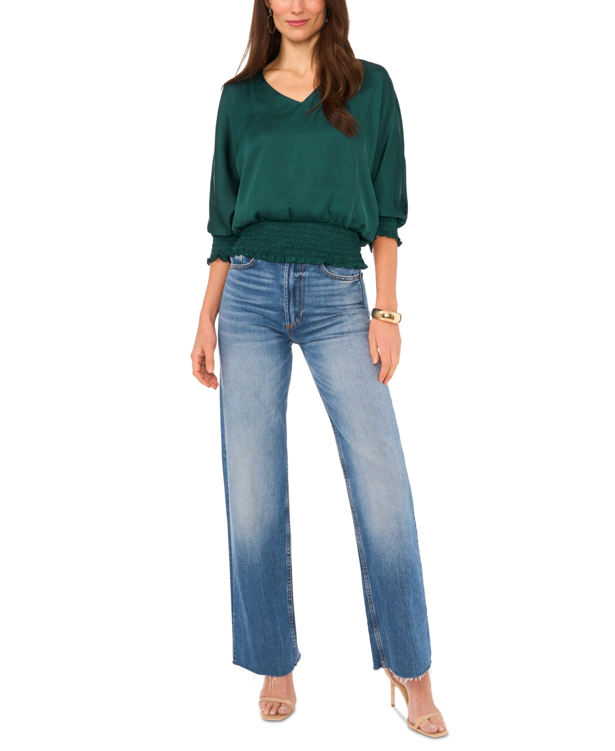 Vince Camuto Women's Split Neck Smocked Waist Blouse
