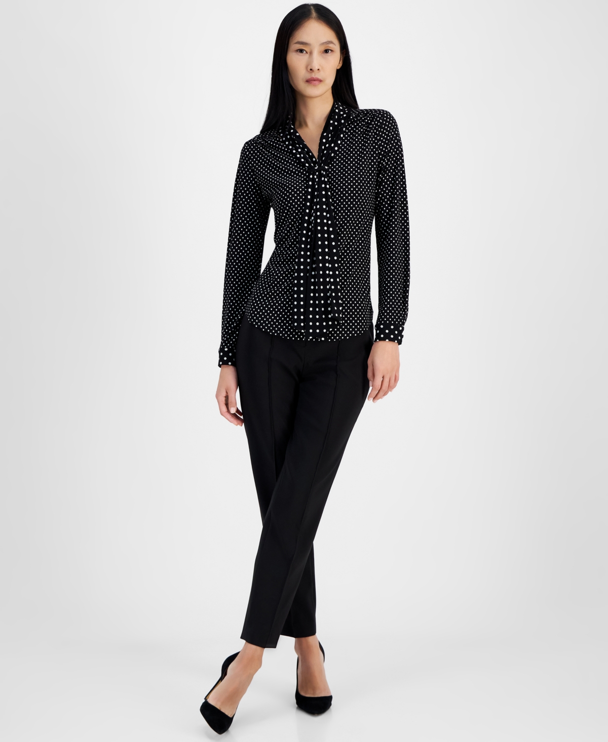 Anne Klein Petite Polka Dot Draped Collar Blouse -bright White