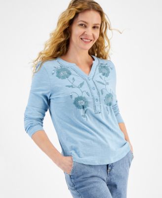 Style & Co - Women's Cotton Sequinned Embroidered Henley Top