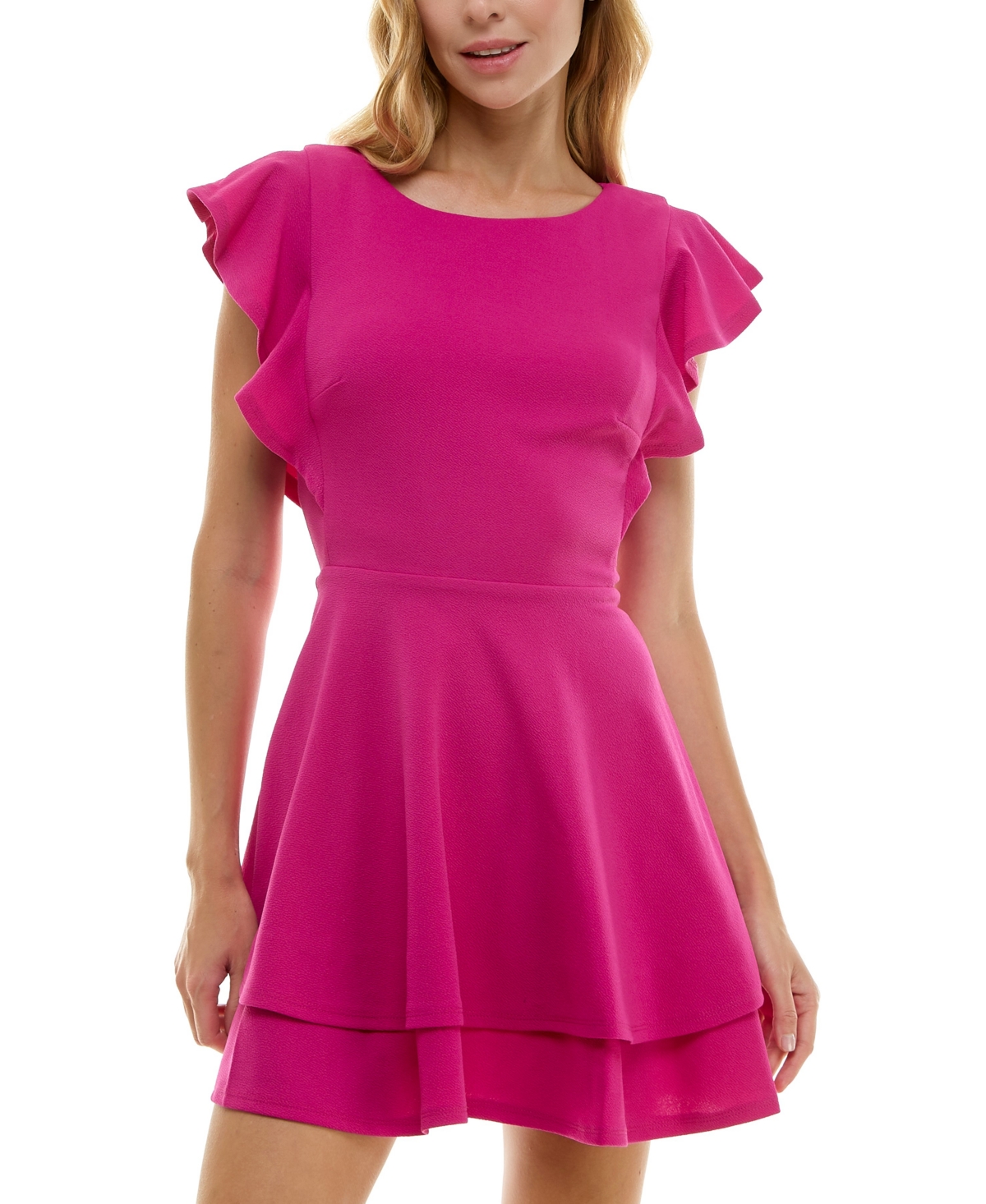 Crystal Doll Juniors' Ruffle-sleeve Fit & Flare Dress In Fuchsia