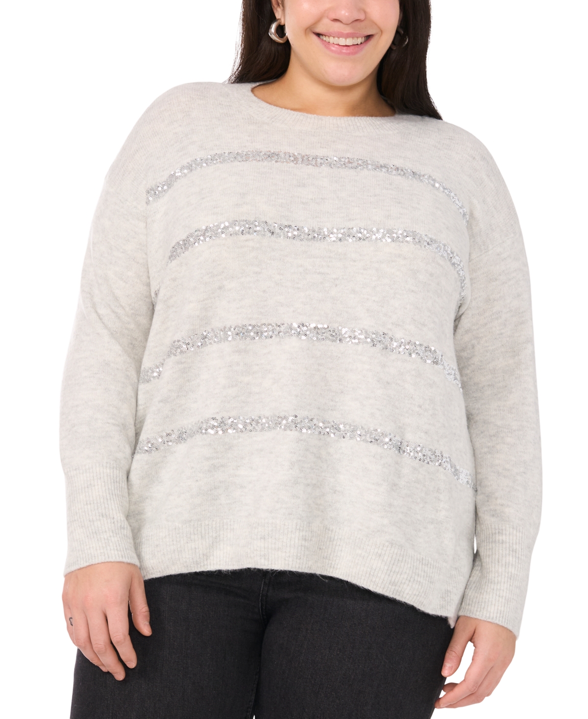 VINCE CAMUTO PLUS SIZE CREWNECK SEQUIN STRIPE LONG SLEEVE SWEATER 