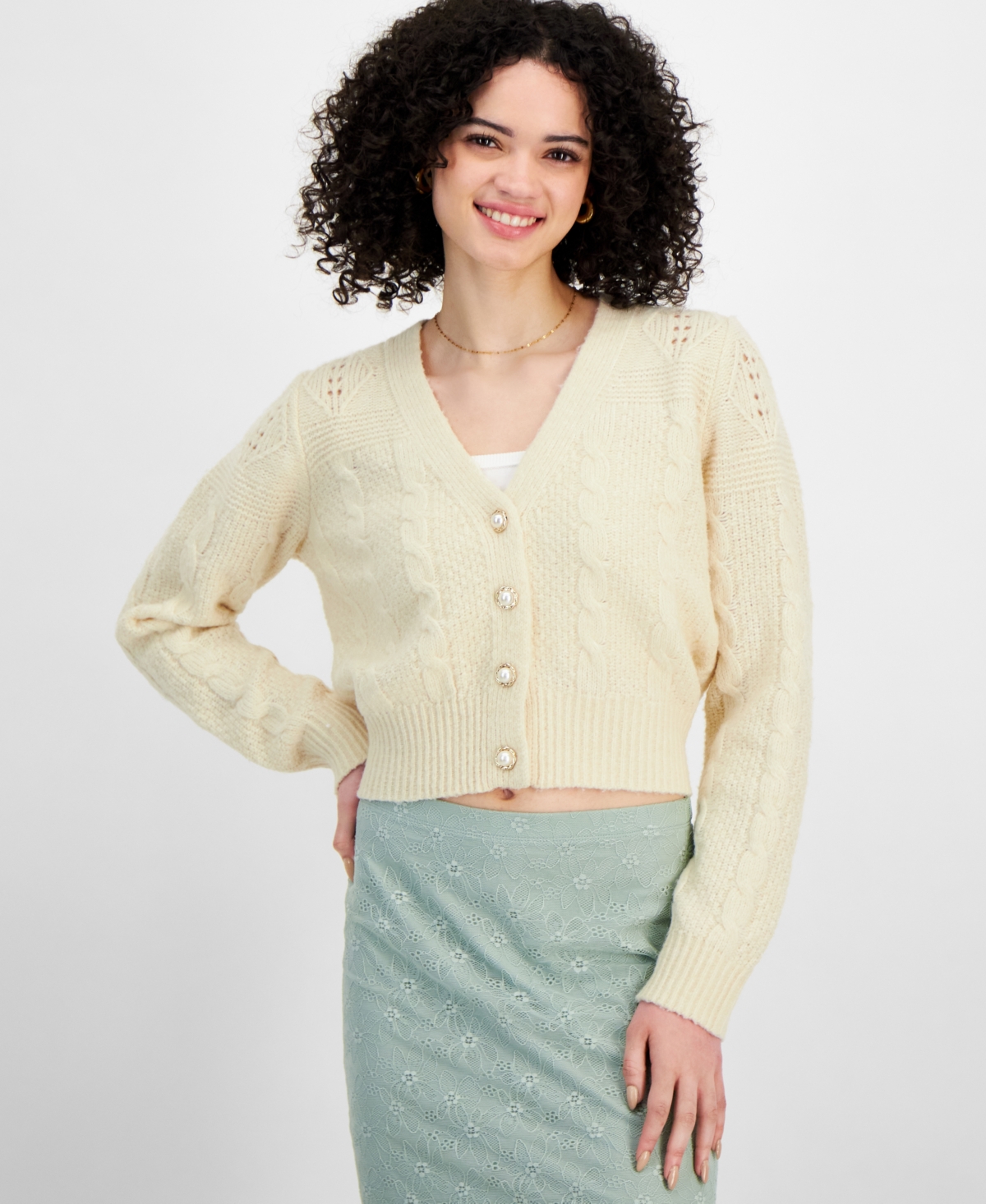 Juniors' Cable-Knit Bling-Button Cardigan Sweater - Irish Cream