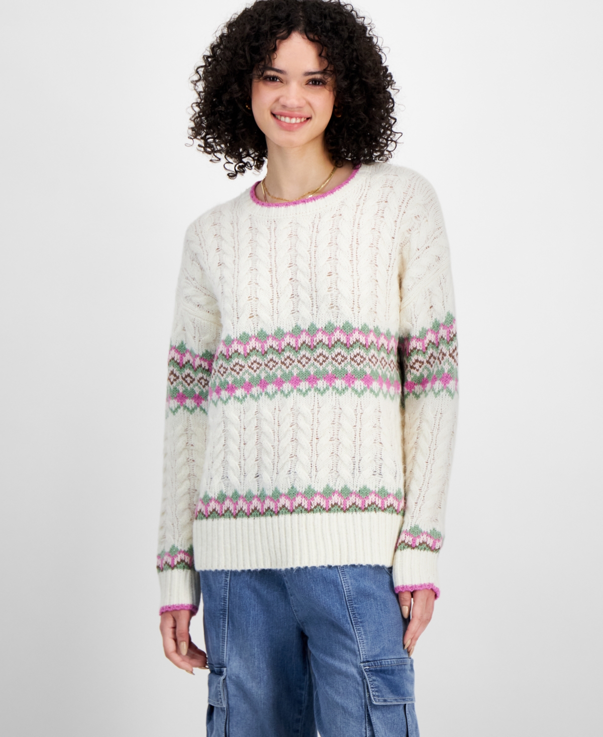 Juniors' Cable-Knit Fair Isle Sweater - Pink Stripe Combo