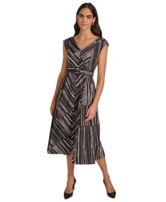 Calvin Klein - Women's Printed Belted Cap-Sleeve A-Line Midi Dress