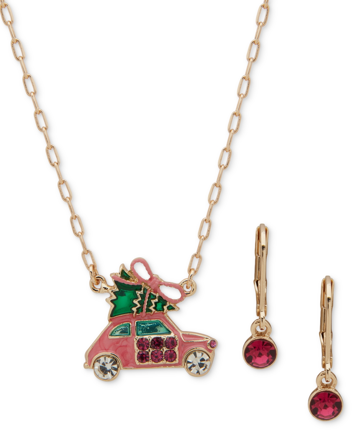 Anne Klein Gold-tone Crystal Car With Tree Pendant Necklace & Drop Earrings Set In Multi