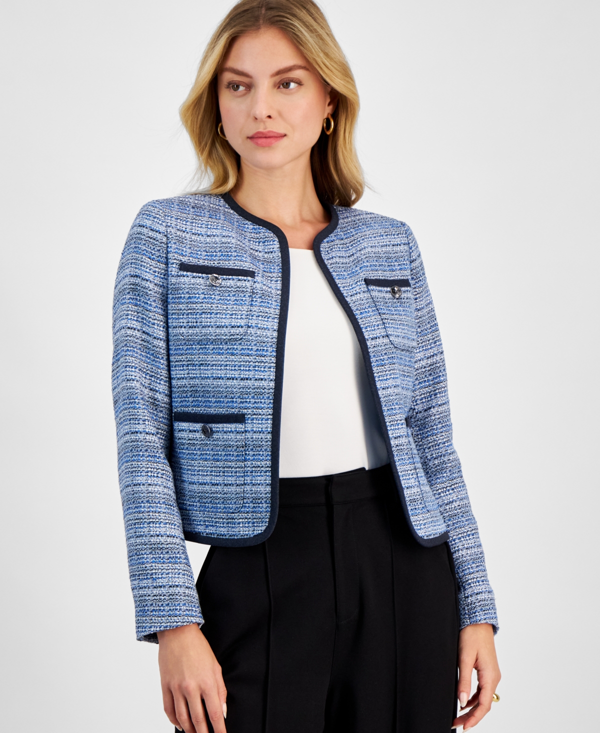 Women's Tweed Open-Front Jacket, Exclusively at Macy's - Cadet Dusk Multi