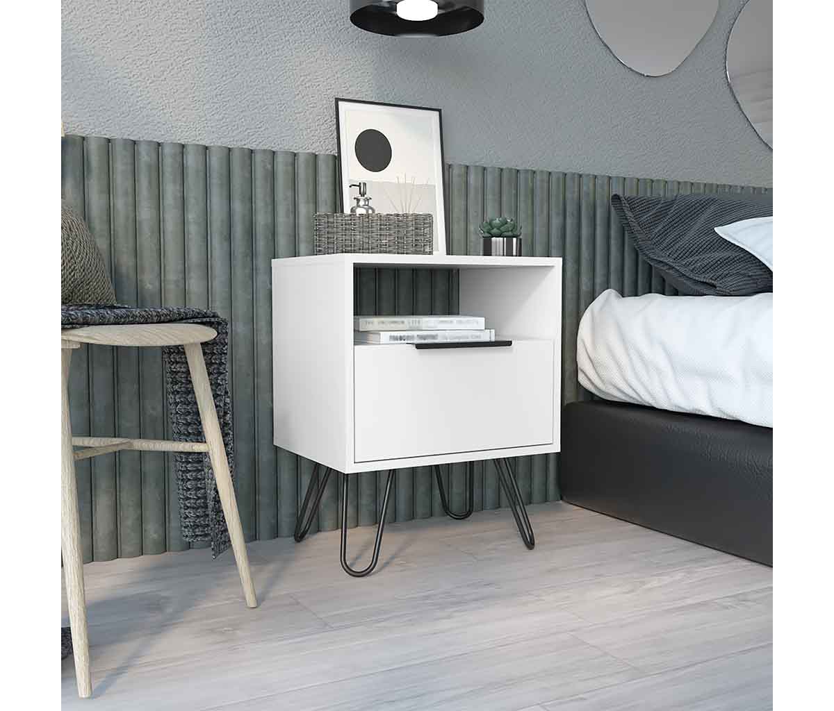 Depot E-shop Begonia Nightstand, Shelf, Single Door Cabinet, Hairpin Legs - White