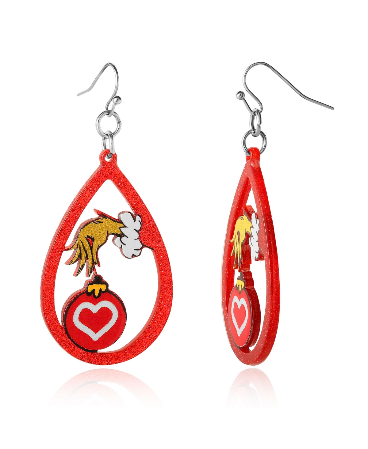 Dr Seuss Grinch Hand Heart Ornament Dangle Earrings - Green, red