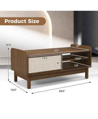 39.5" Rectangular Coffee Table with Sliding Weaving Doors – Wood Center Table