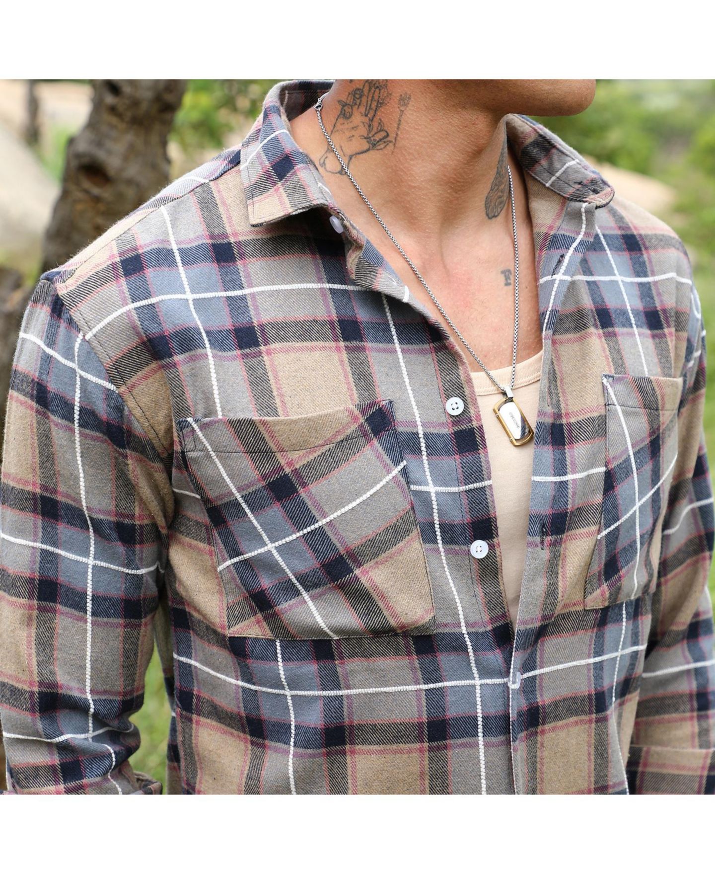 Мужская рубашка Cahoot Campus Sutra Icy Blue & Saltbox Beige Tartan Plaid Utility, цвет: Синий — фото 5