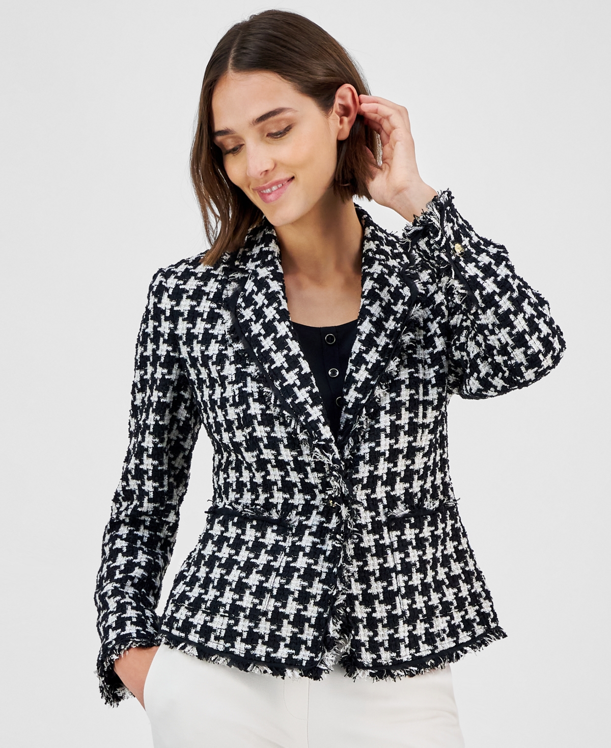 Anne Klein Women's Notched-Collar Tweed Fringe Jacket -anne White