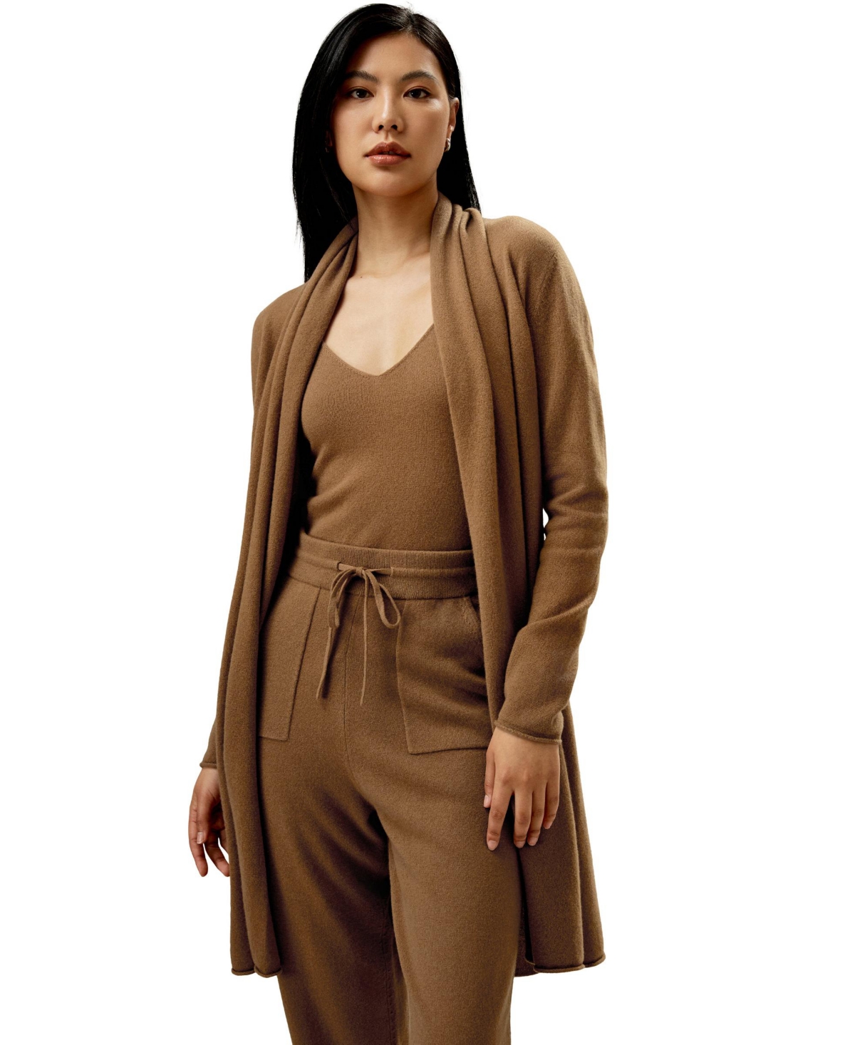 Women's Elegant Pile Collar Open Cardigan - Toffee