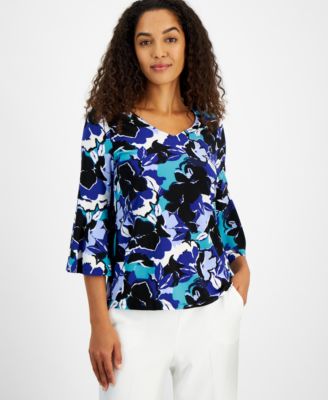 Kasper - Women's V-Neck Floral Bell-Sleeve Top