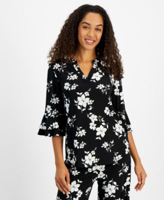 Kasper - Women's V-Neck Floral Flutter-Sleeve Top