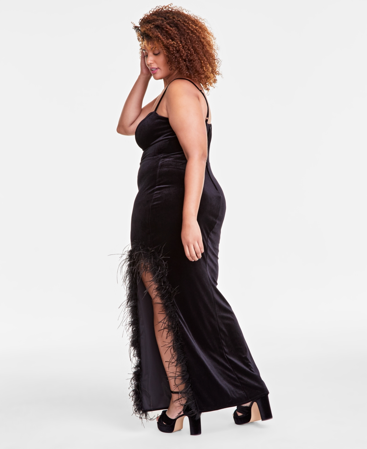 B Darlin Trendy Plus Size Velvet Feather-Trim Gown -black