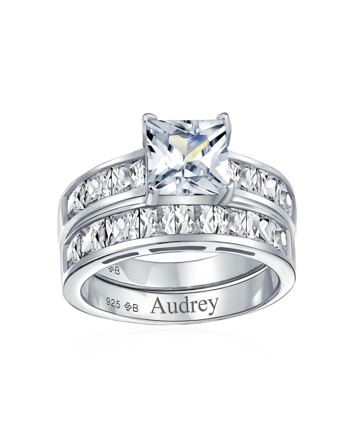 Bling Jewelry 2CT Princess Cut Solitaire Side Stone Cz Square Anniversary Band Engagement Wedding Ring Set .925 Sterling- Silver