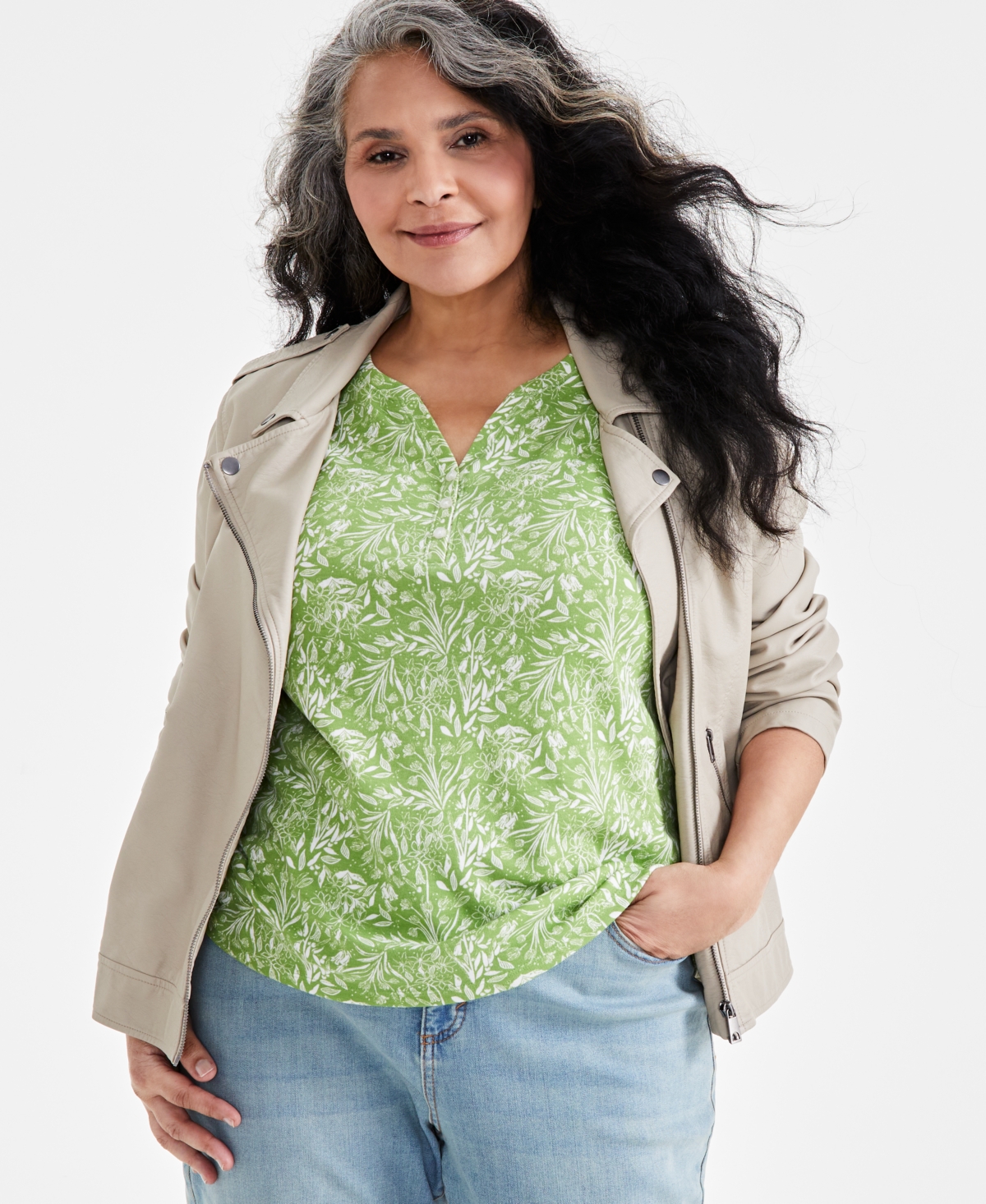 Style & Co Plus Size 3/4-Sleeve Henley Top, Created for Macy's