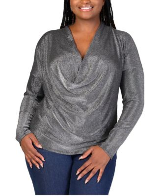 Plus Size Cowl Neck Long Sleeve Shimmery Top