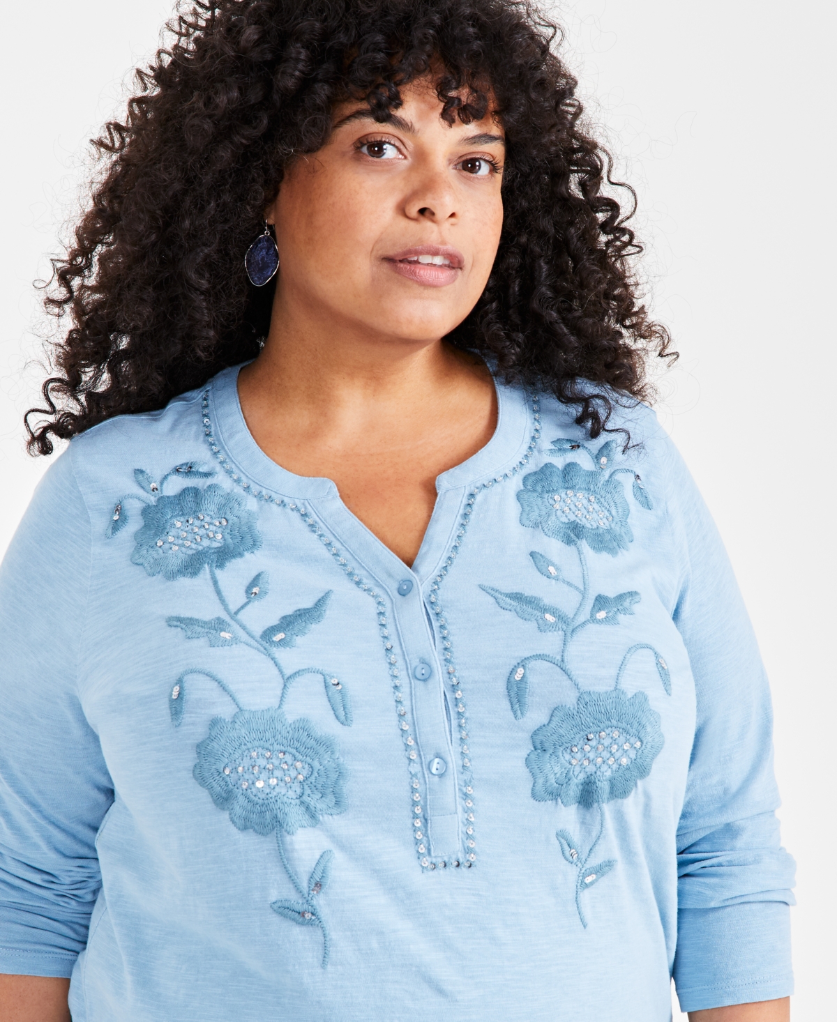 Style & Co Plus Size Embroidered 3/4-Sleeve Top, Created for Macy's