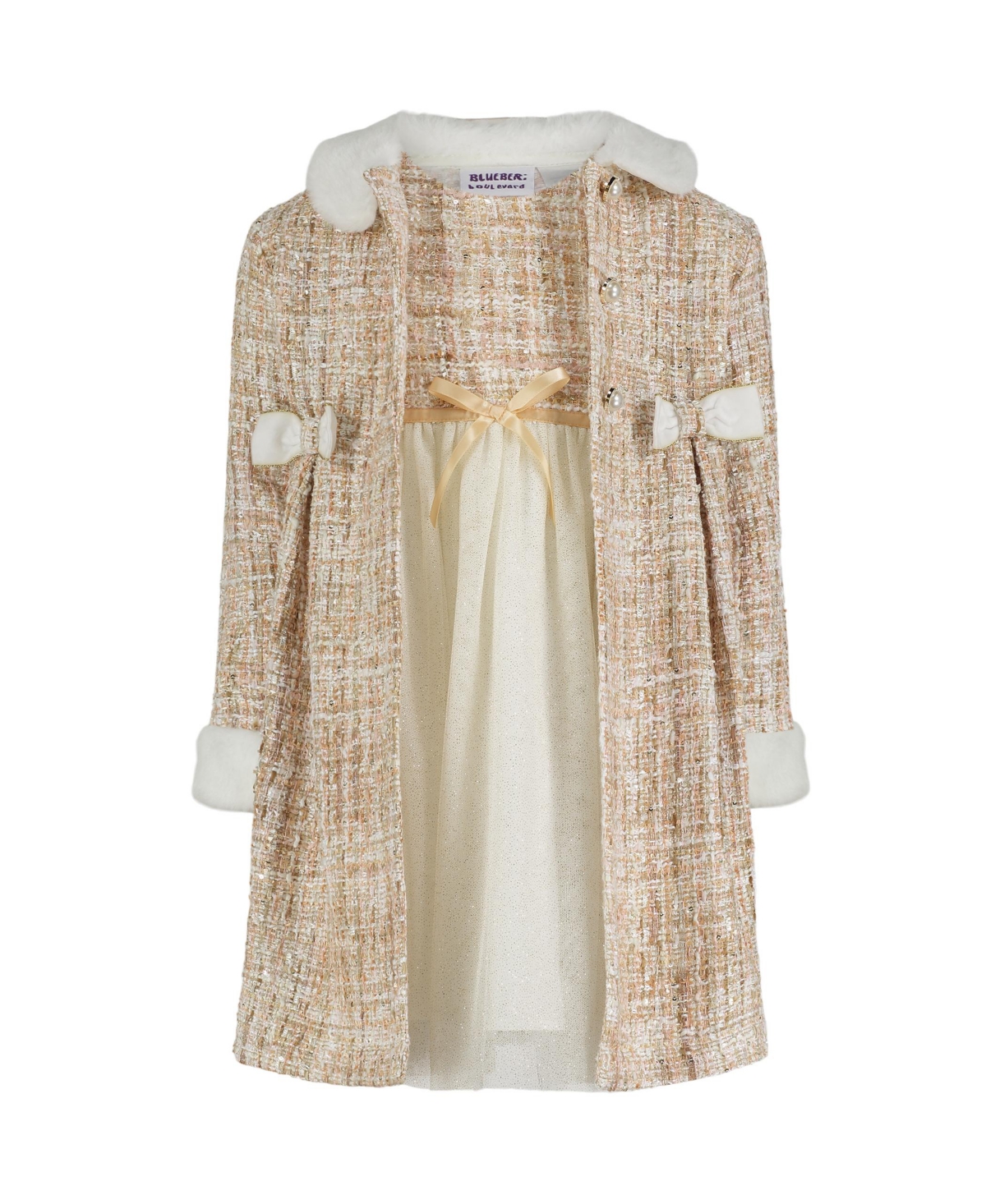Blueberi Boulevard Baby Girls Plush Trim Tweed Dress Coat, 2-piece Set In Cream
