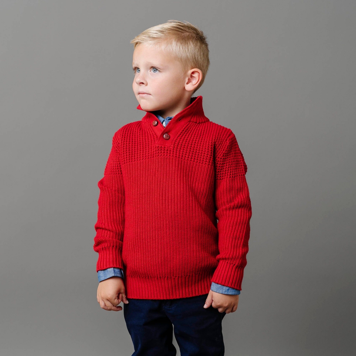 Hope & Henry Boys Organic Long Sleeve Mock Neck Mix Stitch Button Sweater with Elbow Patches