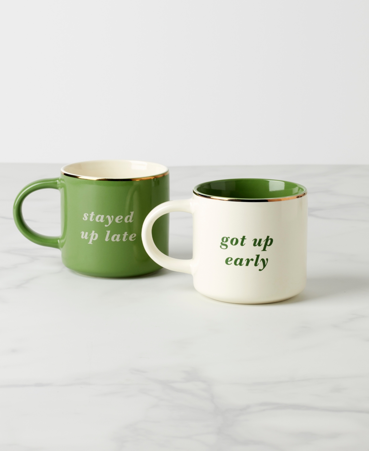 Kate Spade Got Up Early Stayed Up Late Mugs, Set Of 2 In Green
