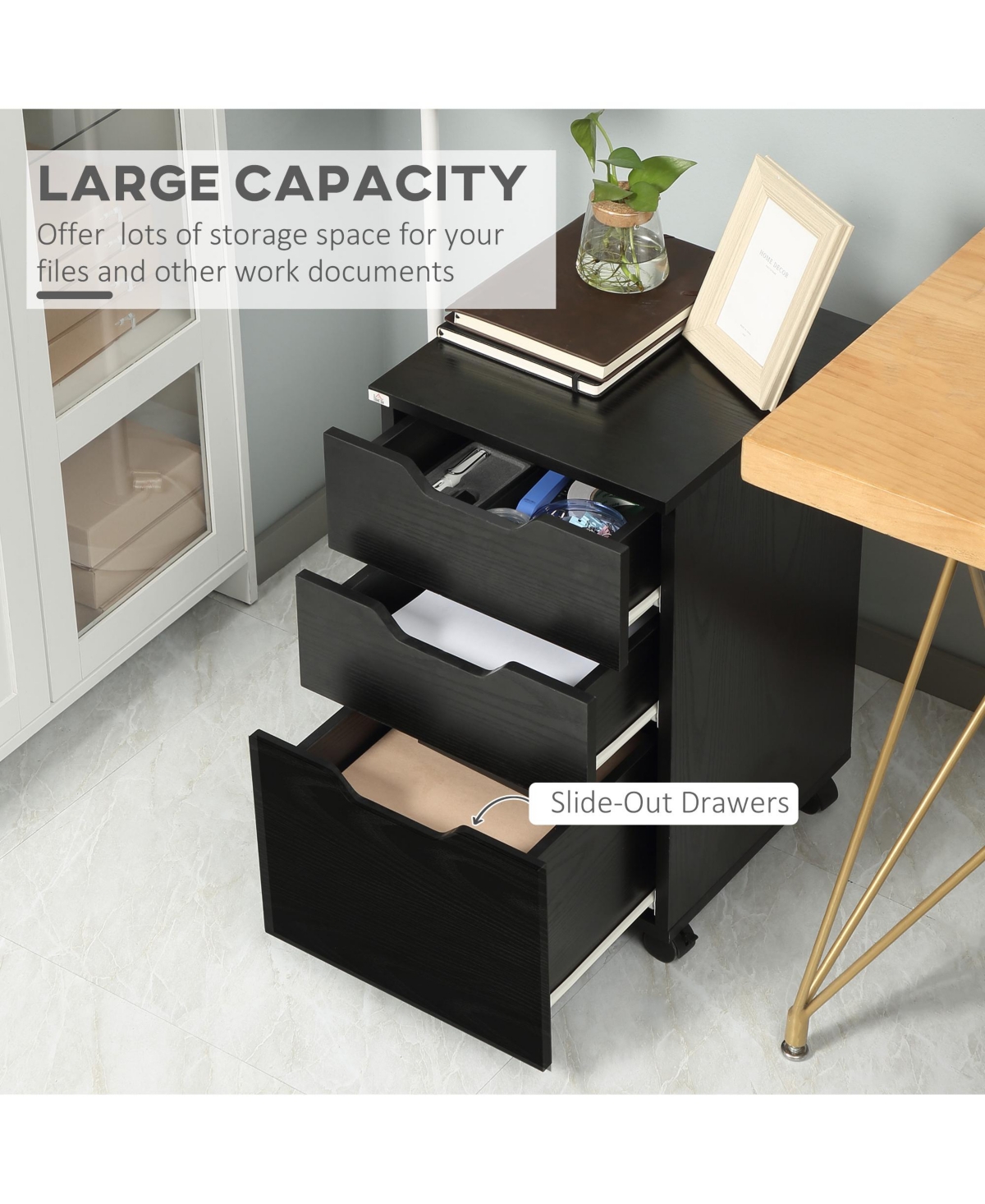 Homcom 3 Drawer File Cabinet Storage Organizer W/ Caster Wheels,