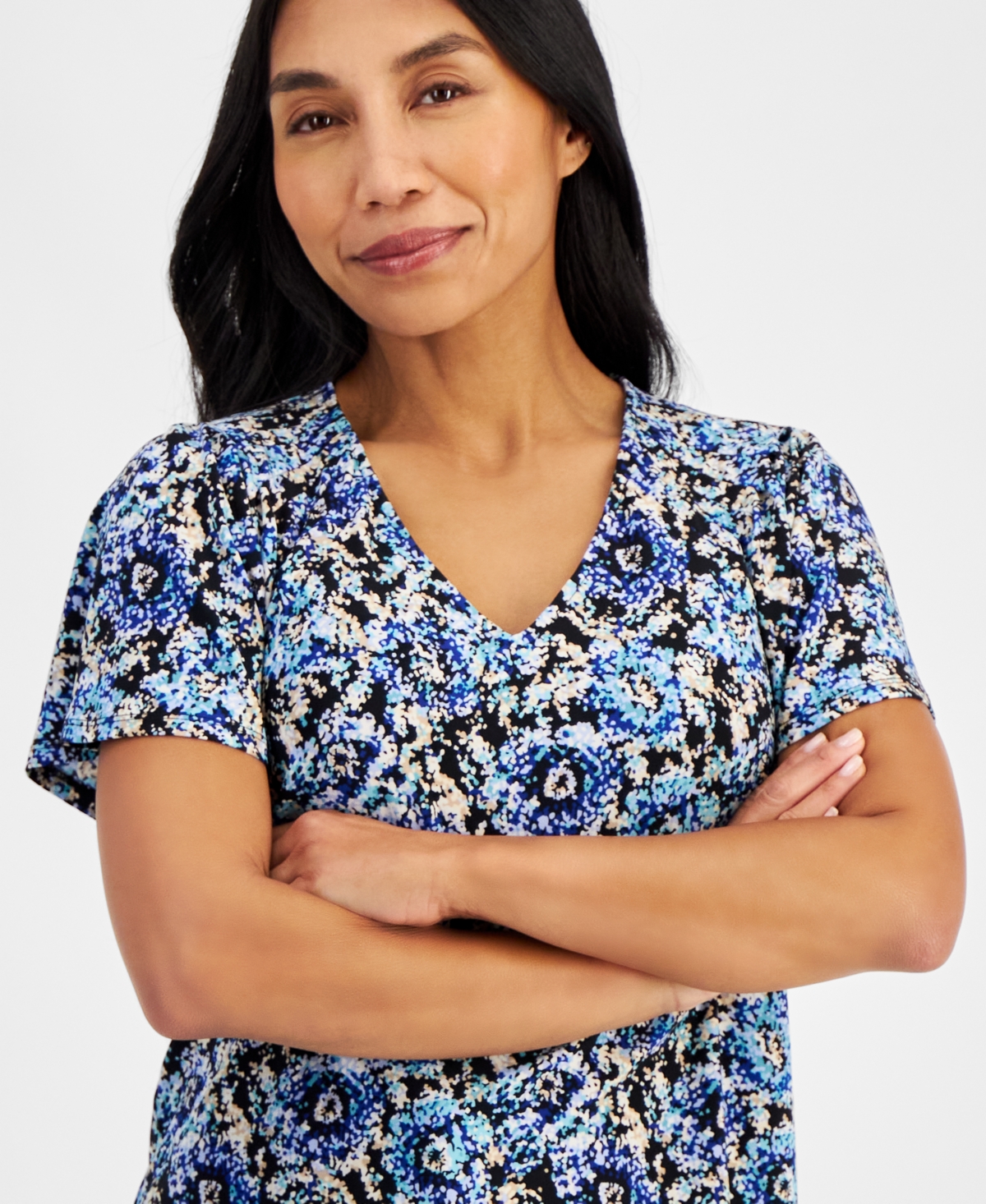 Ak Anne Klein Petite Floral-Print Raglan-Sleeve Top