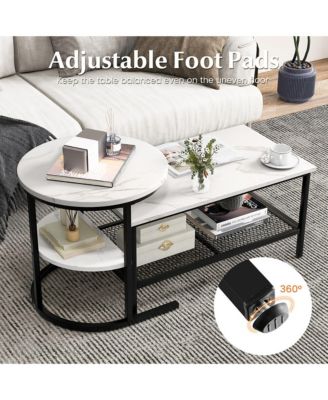 Nesting Coffee Table Set of 2 Faux Marble Top Detachable w/ Storage Shelf Gold