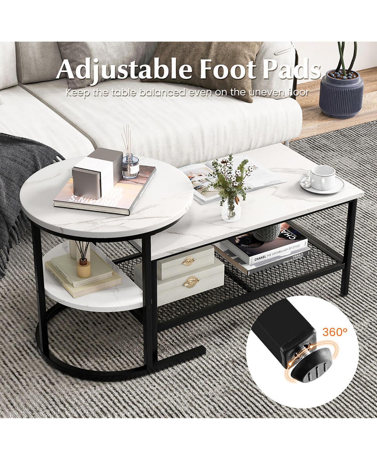 Gymax Nesting Coffee Table Set of 2 Faux Marble Top Detachable w/ Storage Shelf Gold - Black+white