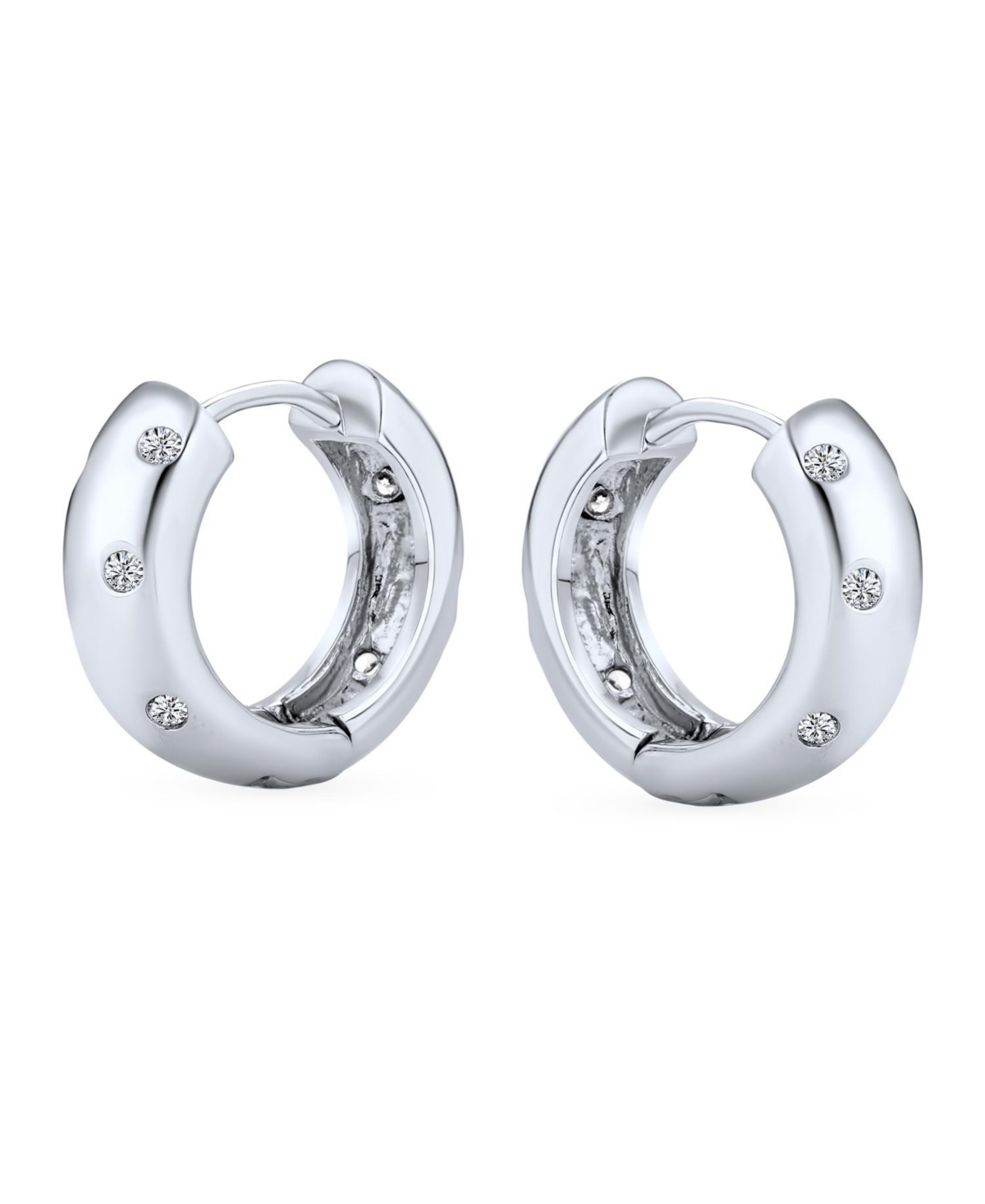 Bling Jewelry Zig Zag Bezel Set Cubic Zirconia Wide Kpop Huggie Hoop Earrings For Women Polished .925 Sterling- Silver