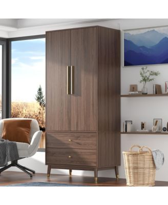 Grey Armoire with 2-Drawers, Hanging Rod and Gold Metal Handles