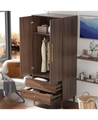 Grey Armoire with 2-Drawers, Hanging Rod and Gold Metal Handles