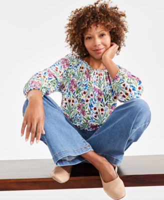 Women's Printed Popover Peasant Top