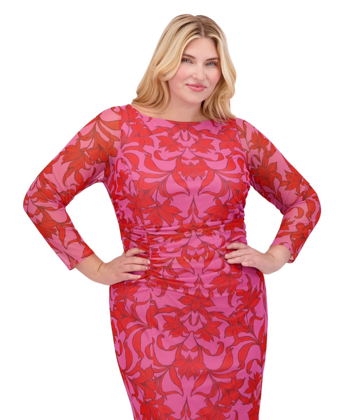 Vince Camuto Plus Size Floral-Print Shirred Mesh Midi Dress