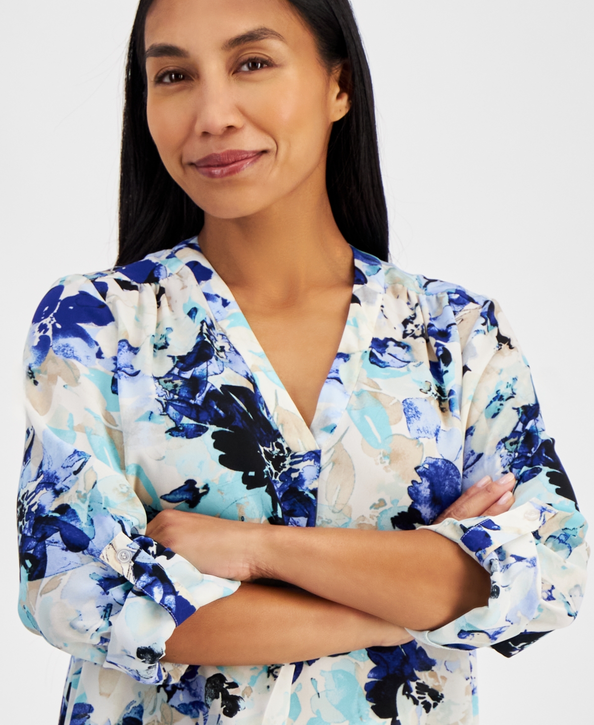 Ak Anne Klein Petite Floral Pleat-front Roll-tab Tunic In Pool Blue Multi