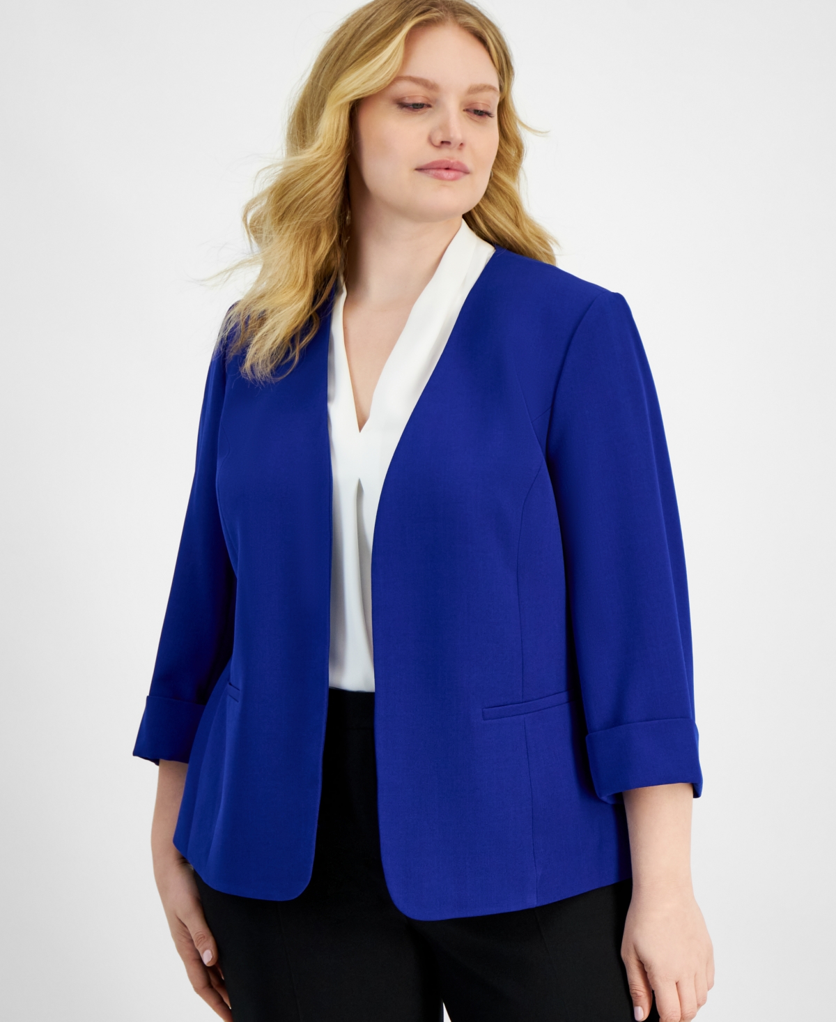 Kasper Plus Size Open Front Blazer In Royal Signature ModeSens