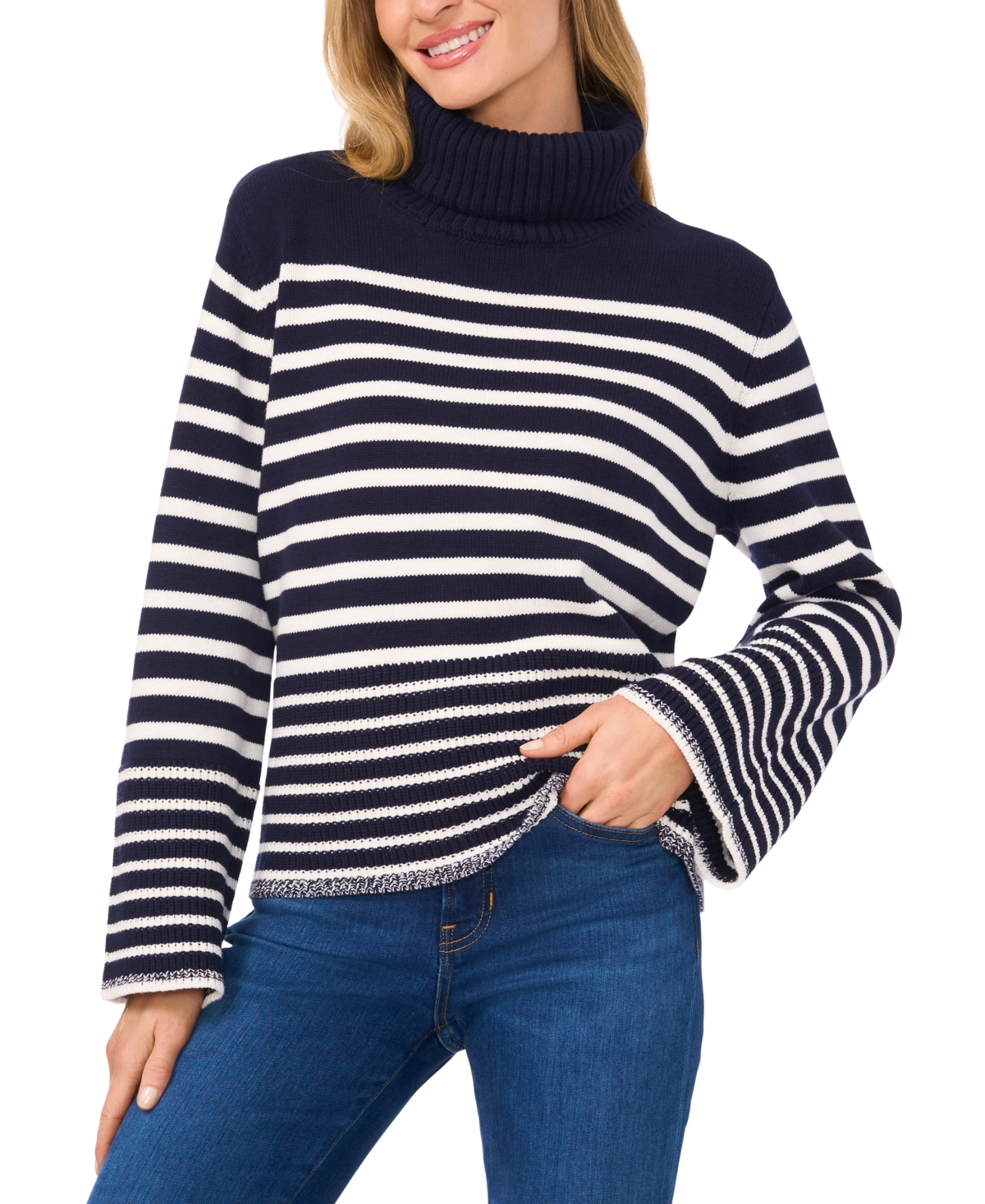 Women's Turtle Neck Stripe Sweater - Classic Navy