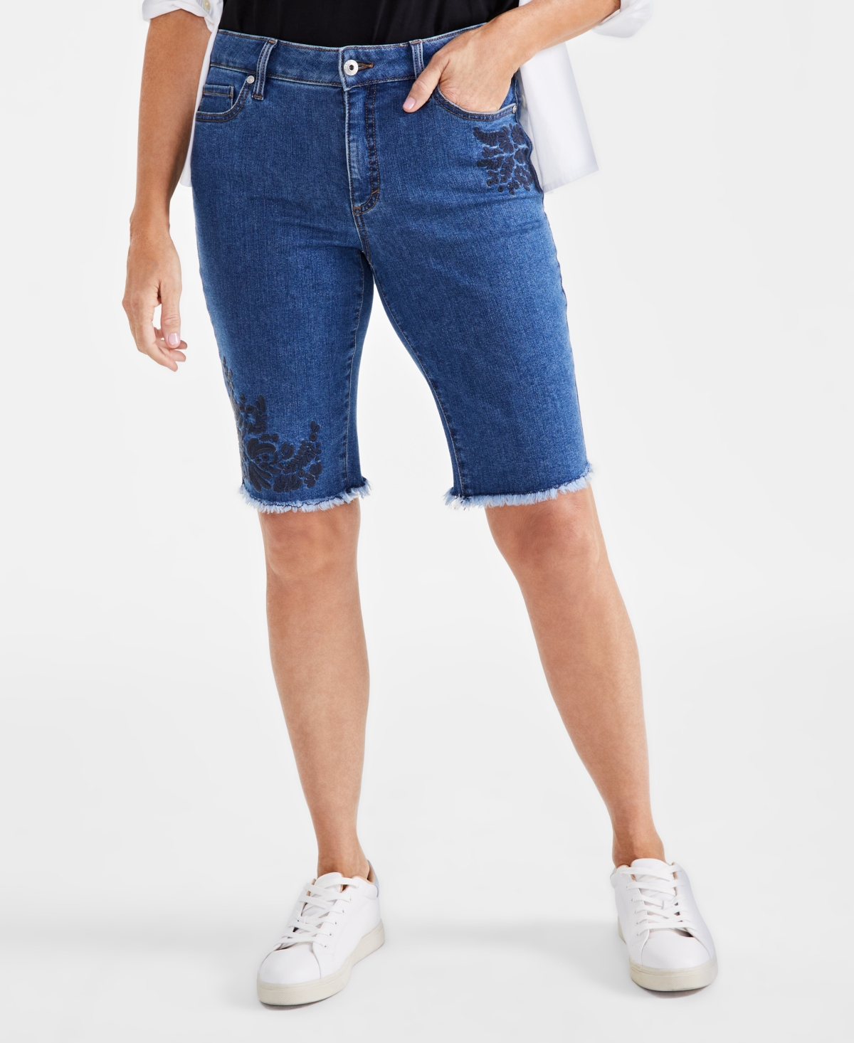 Style & Co Petite High-Rise Embroidered Bermuda Shorts, Created for Macy's